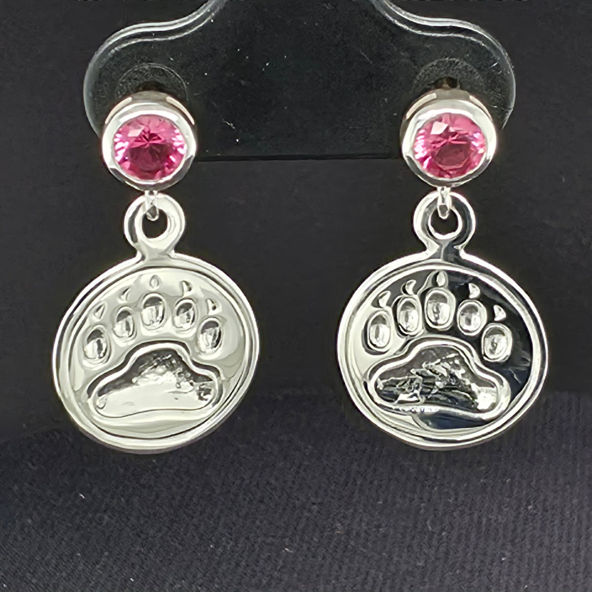 Sterling Silver Bear Print Faceted Gemstone Stud Earrings