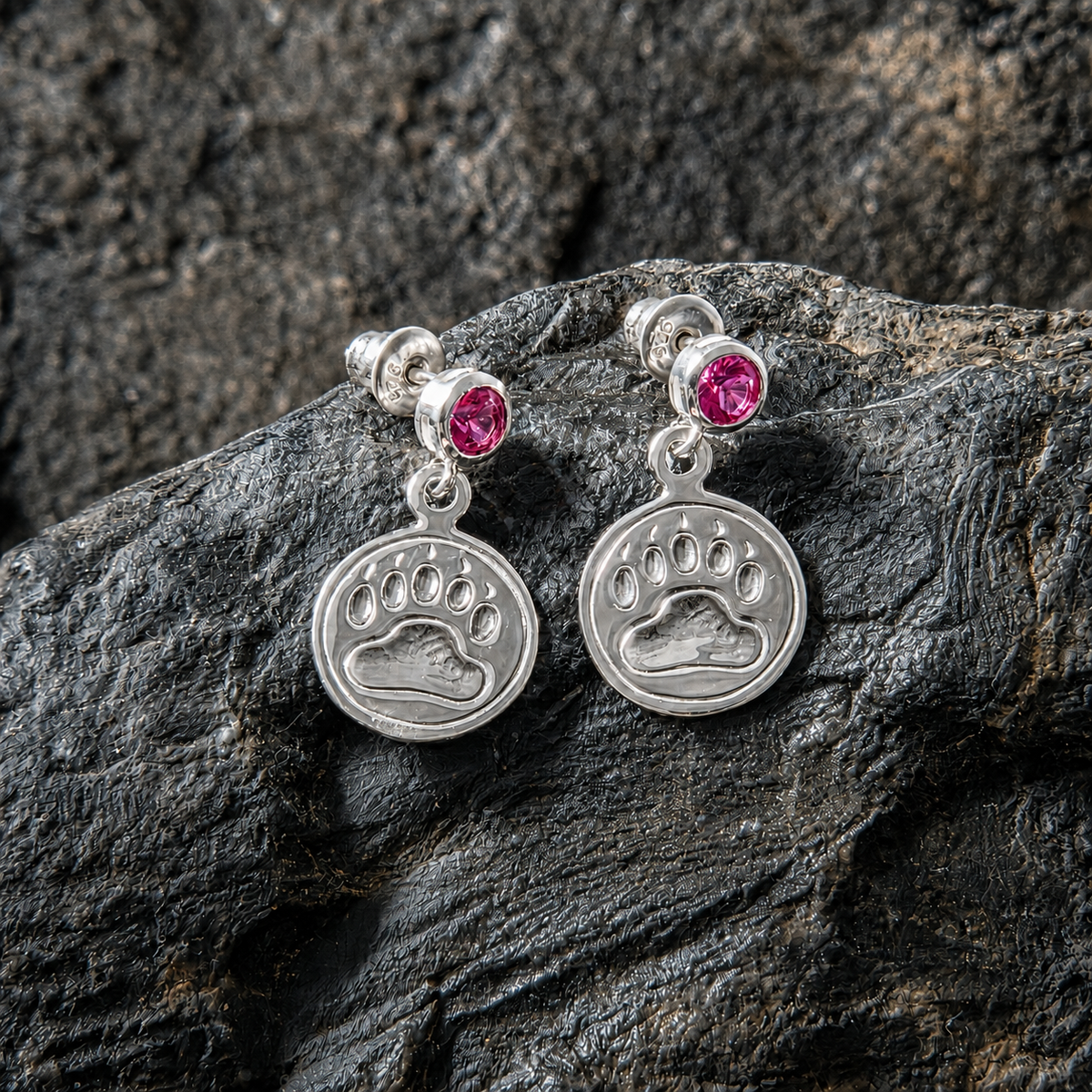 Sterling Silver Bear Print Faceted Gemstone Stud Earrings